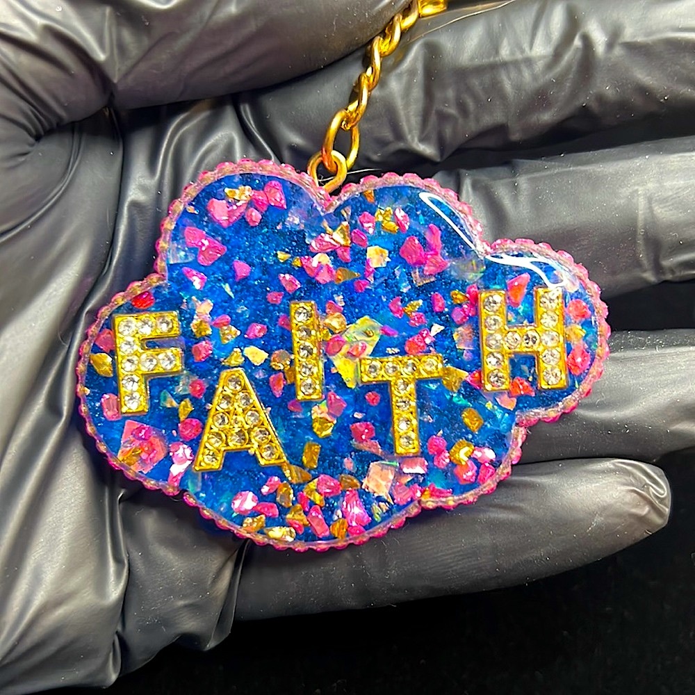 Resin keychain. Rhinestone letters, crushed colored glass, pink diamond trim!🩷